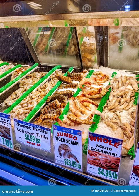View of the Fresh Seafood Display, Packed with Shaved Ice, Inside