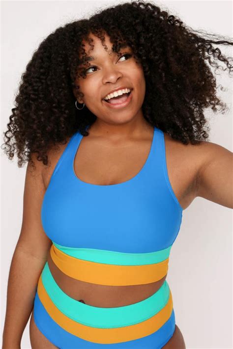 Blue Colorblock Zipper Back Sporty Bikini Set