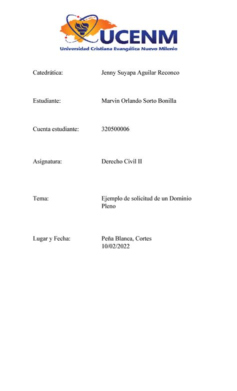 Ejemplo DE Solicitud DE UN Dominio Pleno - Catedr·tica: Jenny Suyapa