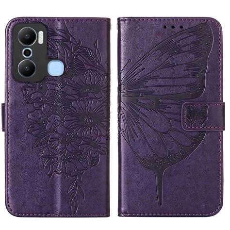 For Infinix Hot 20 Play Embossed Butterfly Flip Leather Phone Case Dark Purple Alexnld