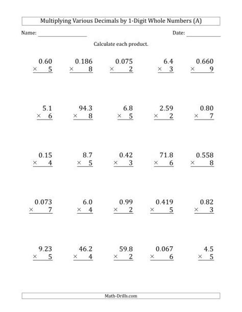 Multiplying Decimals By A Whole Number Worksheets