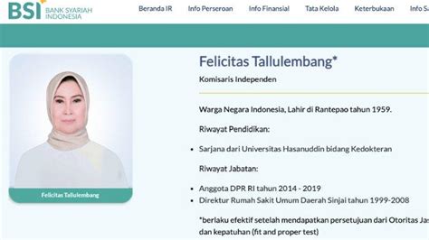 Spill Gaji Komisaris Independen BSI Felicitas Tallulembang Hingga