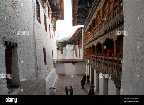 Wooden Gallery And Windows In Punakha Dzong Punakha Bhutan Stock