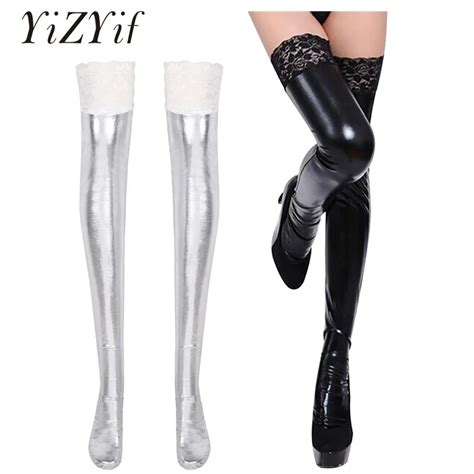 YiZYiF Women Sexy Tights Latex Stocking Wetlook Patent Leather Long