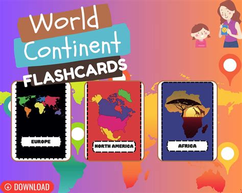 World Continents Flashcards Educational Flash Cards Continents Of The World Flashcard Montessori