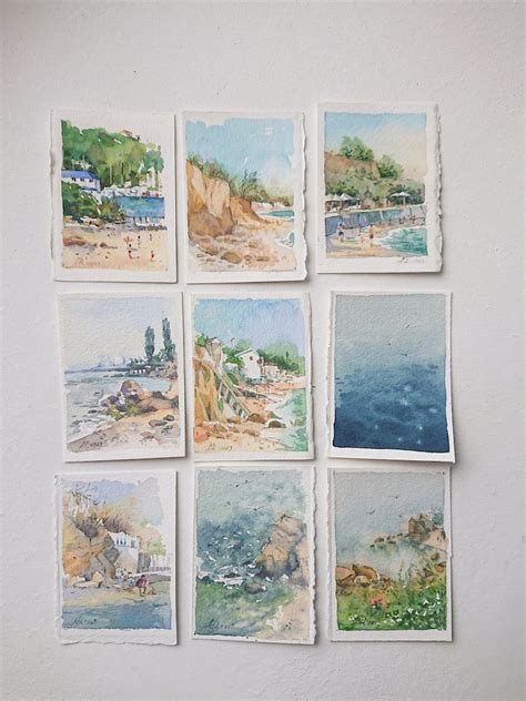 Misty Sea Landscape Original Watercolor Aceo Painting Art Seaside