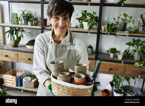 A Mature Woman Delights In Caring For Her Beloved Plants In Her Studio Stock Photo Alamy