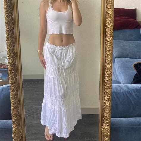 Low Rise White Cotton Tiered Maxi Skirt With Depop