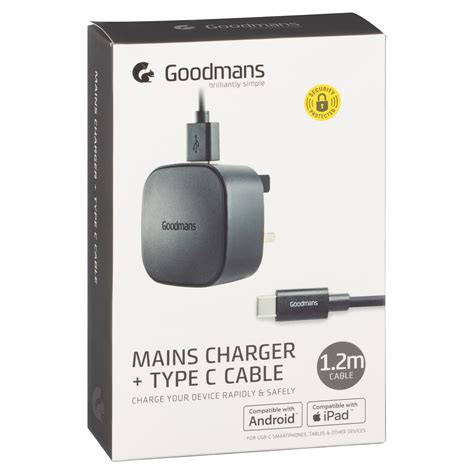 Goodmans Type C Mains Charger Cable Black Electrical B M