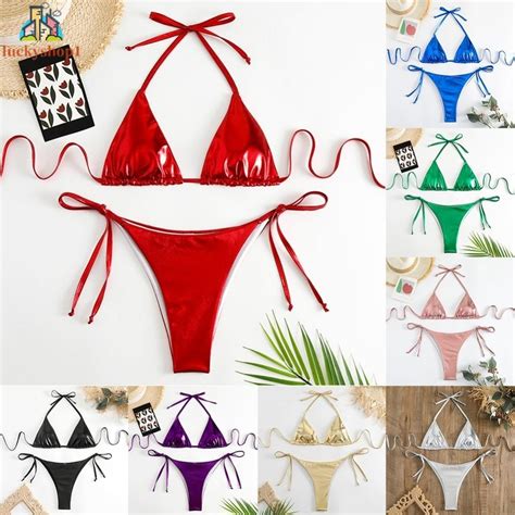 Womens Swimsuit Set Backless Bikini Female Halter Neck Lace Up Sleeveless Shopee Malaysia