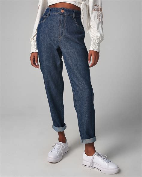 Riachuelo Cal A Jeans Feminina Mom Cintura Alta Estonada Denim Escuro