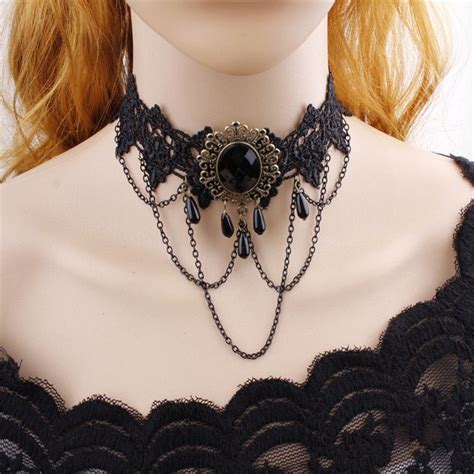 Gothic Lace Chokers Necklaces For Women Girls Vintage Chain Crystal