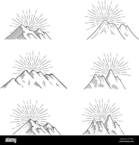 Hand Drawn Mountains With Sun Rays Vector Illustration Stock Vector