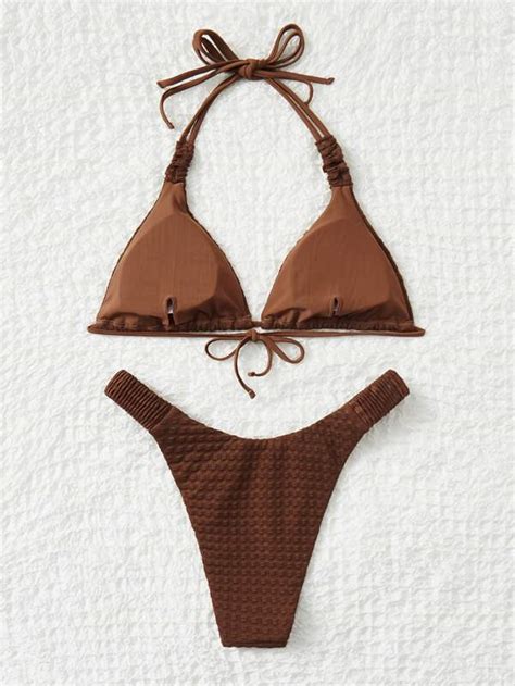 Shein Swim Basics Textured Bikini Set Halter Triangle Bra High Cut Bottom Piece Bathing Suit