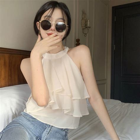 Womens Camisole Fashion Sexy Ruffle Solid Color Korean Style Halter