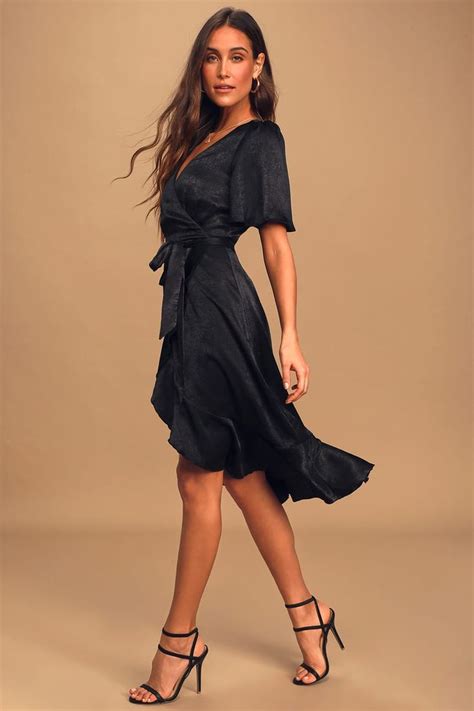 Wrapped Up In Love Black Satin Faux Wrap Midi Dress