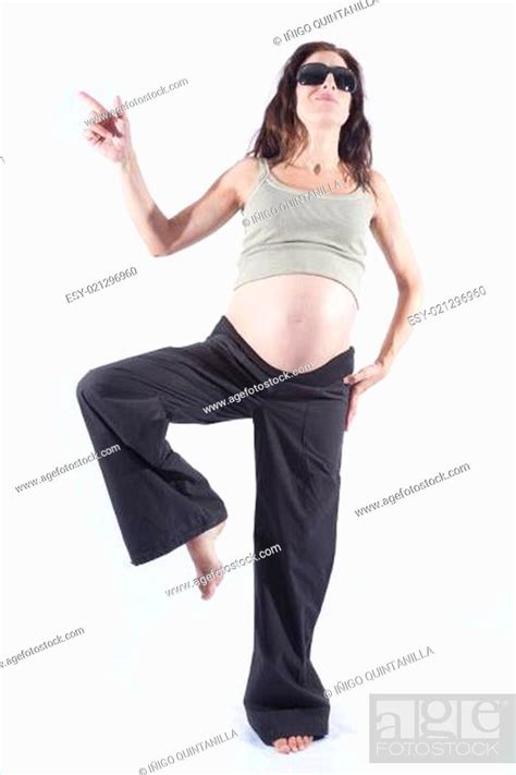 Eight Month Brunette Pregnant Woman Naked Paunch Black Sunglasses