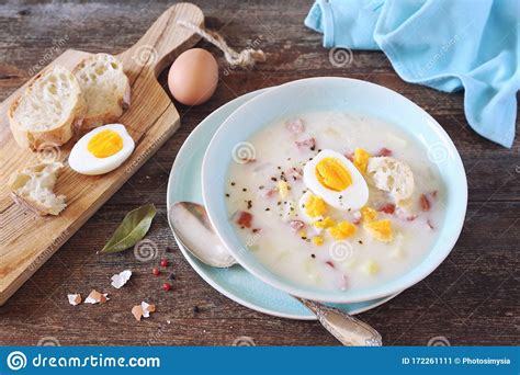 Traditional Polish Soup Zurek Sour Soup With Sausage Potatoes And