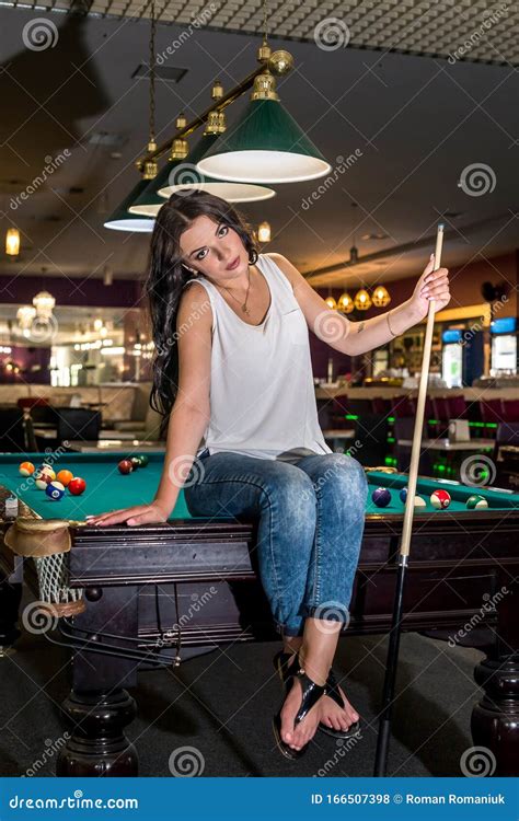 Beautiful Brunette Sitting On Billiard Table With Cue Stock Photo Image Of Female Gorgeous