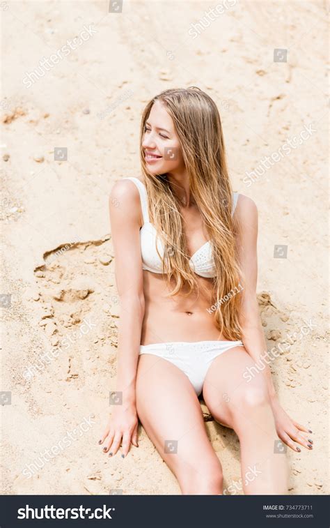 Portrait Beautiful Model White Bikini Sitting Stock Photo Shutterstock