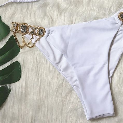 Crystal Diamond Bikini New Sexy Lace Up Plain Women S Split Swimsuit Golden Accessories