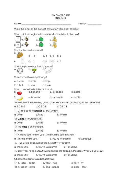 Grade 1 English Assessment Test Worksheets