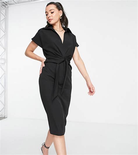 Asos Tall Asos Design Tall Collared Wrap Front Midi Dress With Knot In