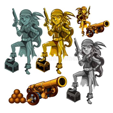 A Set Of Statues Of A Girl Pirate Made Of Stone And Gold Isolated On A