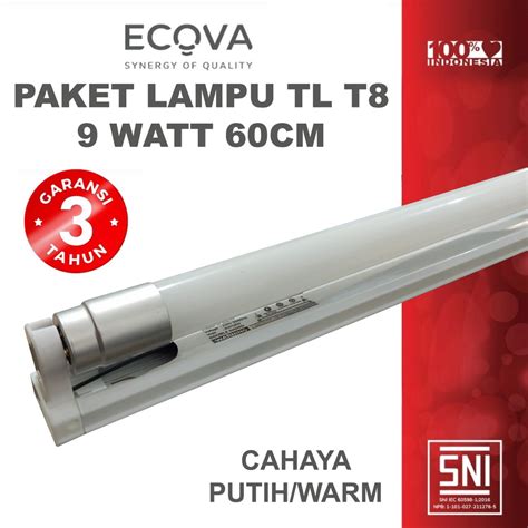 Jual Paket Lampu TL T8 LED 9 Watt Putih Warm Kap Lampu TL ECOVA T8