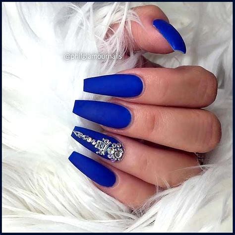 Royal Blue Matte Nails With Diamonds