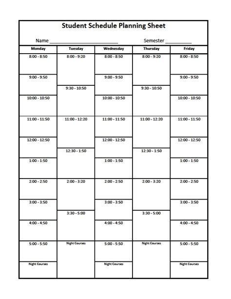 Class Schedule Template College Printable Schedule Template