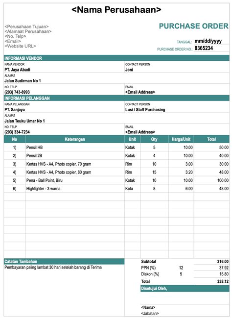 Contoh Formulir Purchase Order Free Word Template