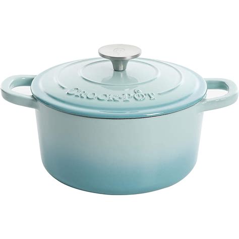 Crock Pot 3 Quart Round Enamel Cast Iron Covered Dutch Oven Cooker Aqua Blue