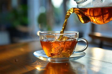 Pouring Brown Tea Into Glass Cup Pouring Black Tea From Teapot Aromatic Hot Tonic Beverage