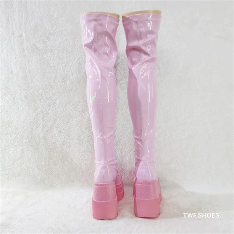 Shaker Pink Patent Platform Wedge Heel Over The Knee Boots Ny