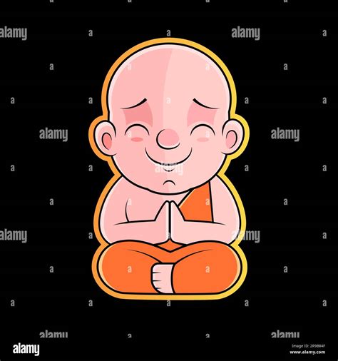 Buddhist Monk In Orange Robes Sitting In Meditation Cute Cartoon