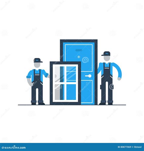 Construction Workers with Window Frame and Door Stock Vector