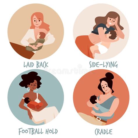 Breastfeeding Positions Women Feeding Newborn Babies Set Of Flat