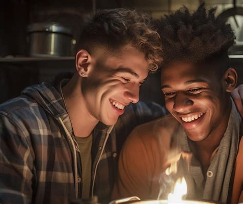 Feliz Y Sexy Pareja Gay Joven Cocinando Comida Juntos En Casa Foto Premium