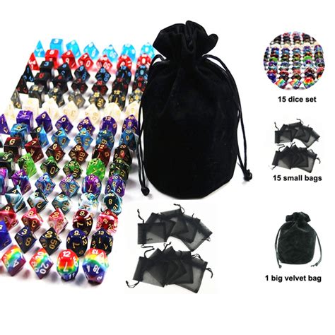 Polyhedral Dice Set With Black Drawstring Bag 15 Complete Dice Sets