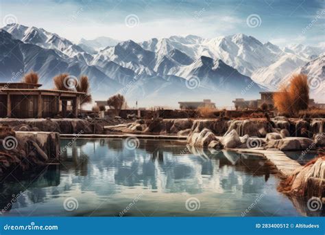 Steamy Hot Springs With Snow Capped Mountains Backdrop Stock Illustration Illustration Of