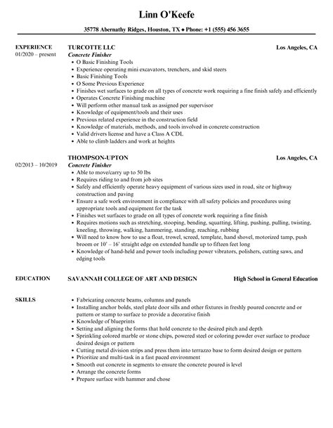 Concrete Finisher Resume Samples | Velvet Jobs