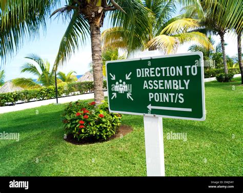 Assembly point sign on green background with white border in a tropical ...