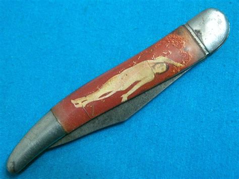 VINTAGE FANCY HANDLE HAMMER BRAND NAKED NUDE RISQUE FOLDING POCKET TOOTHPICK FISH KNIFE KNIVES OLD
