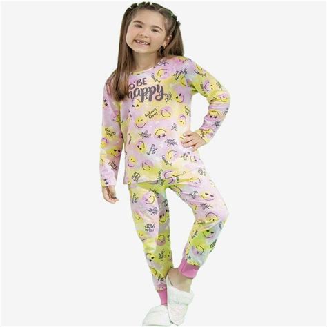 Pijama Infantil Longo Menina Emojis Brilha No Escuro Elian Rosa