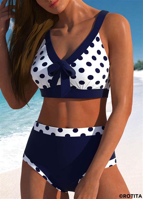 Rotita Bowknot Navy Polka Dot High Waisted Bikini Set Rotita Usd