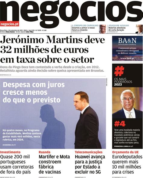 Capa Jornal De Negócios 5 Setembro 2023 Capasjornaispt