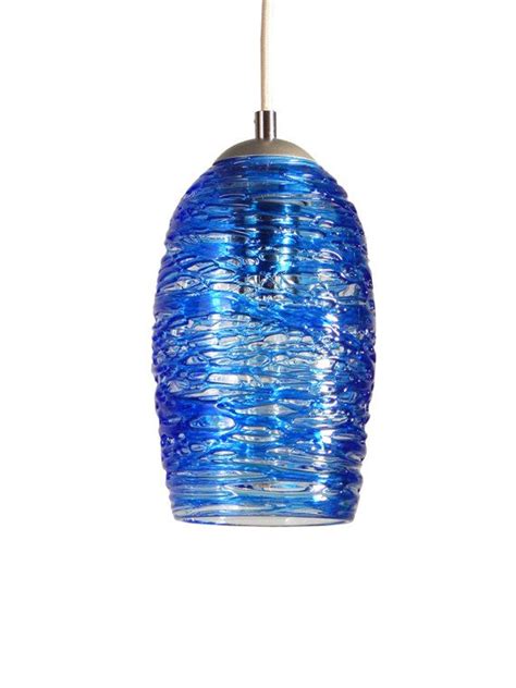 Cerulean Blue Oblong Spun Hand Blown Glass Pendant Hanging Light By