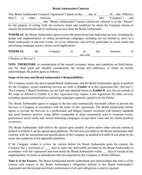 12 Free Simple Brand Ambassador Agreement Templates Pdf American Templates