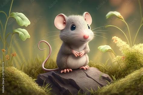 A Cute Adorable Mouse Character Stands In Nature In The Style Of